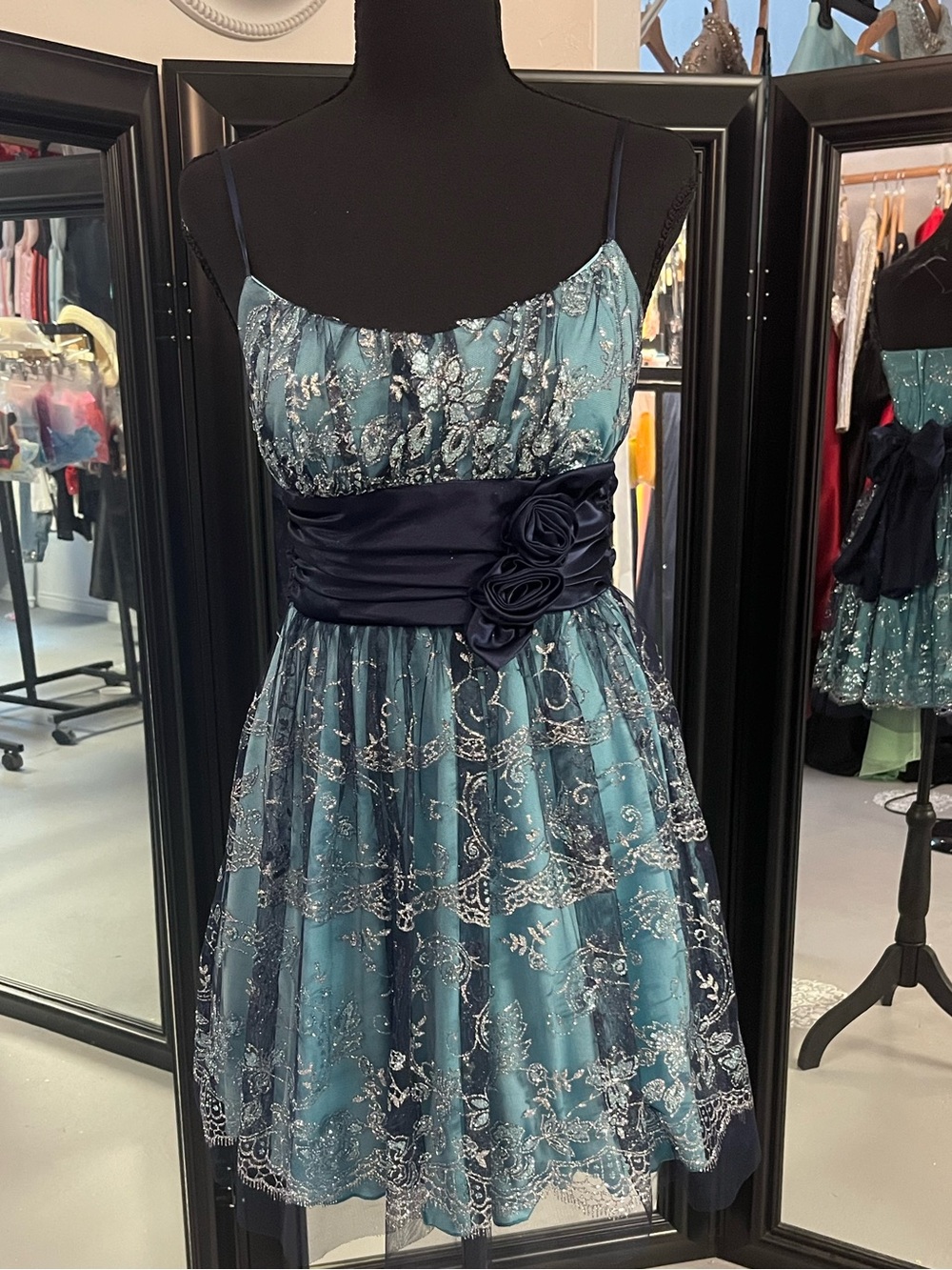 Teal and Navy Satin-Appliqué Prom Dress